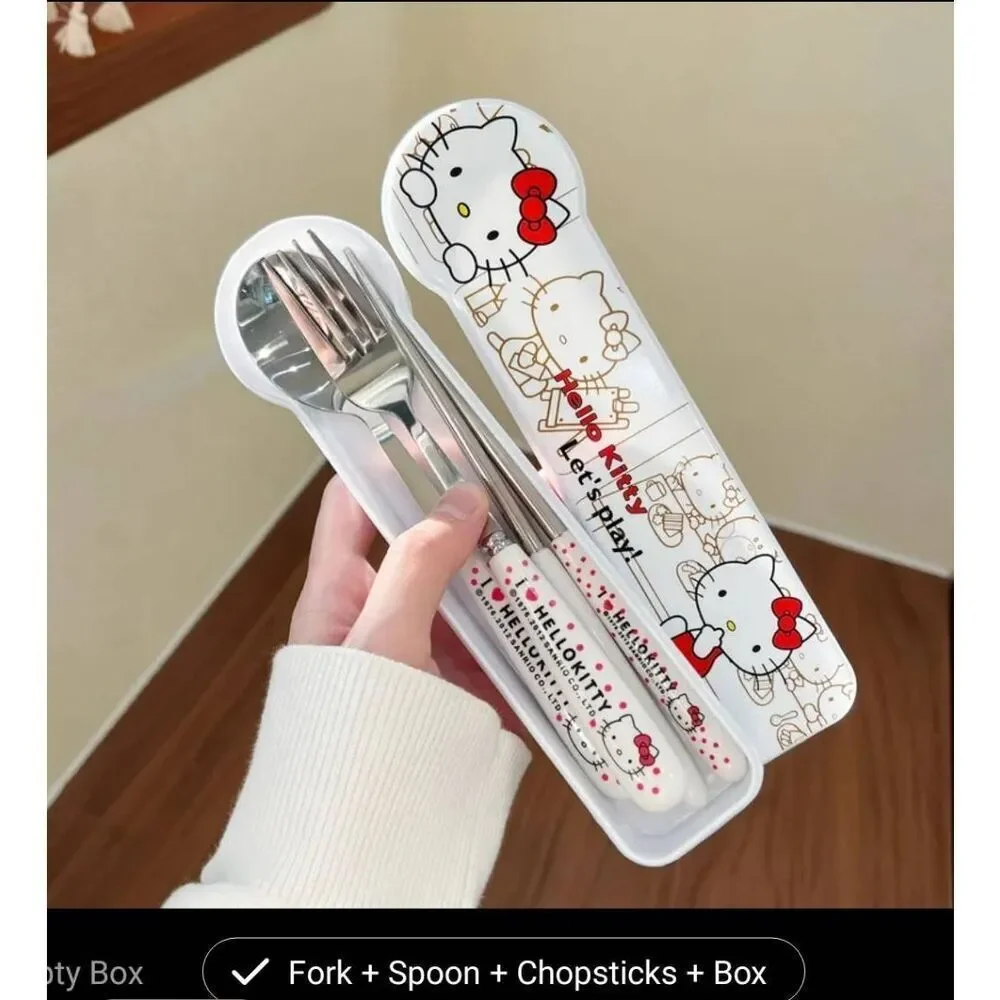 Sanrio hello kitty stainless steel cutlery fork, spoon and sanrio box container